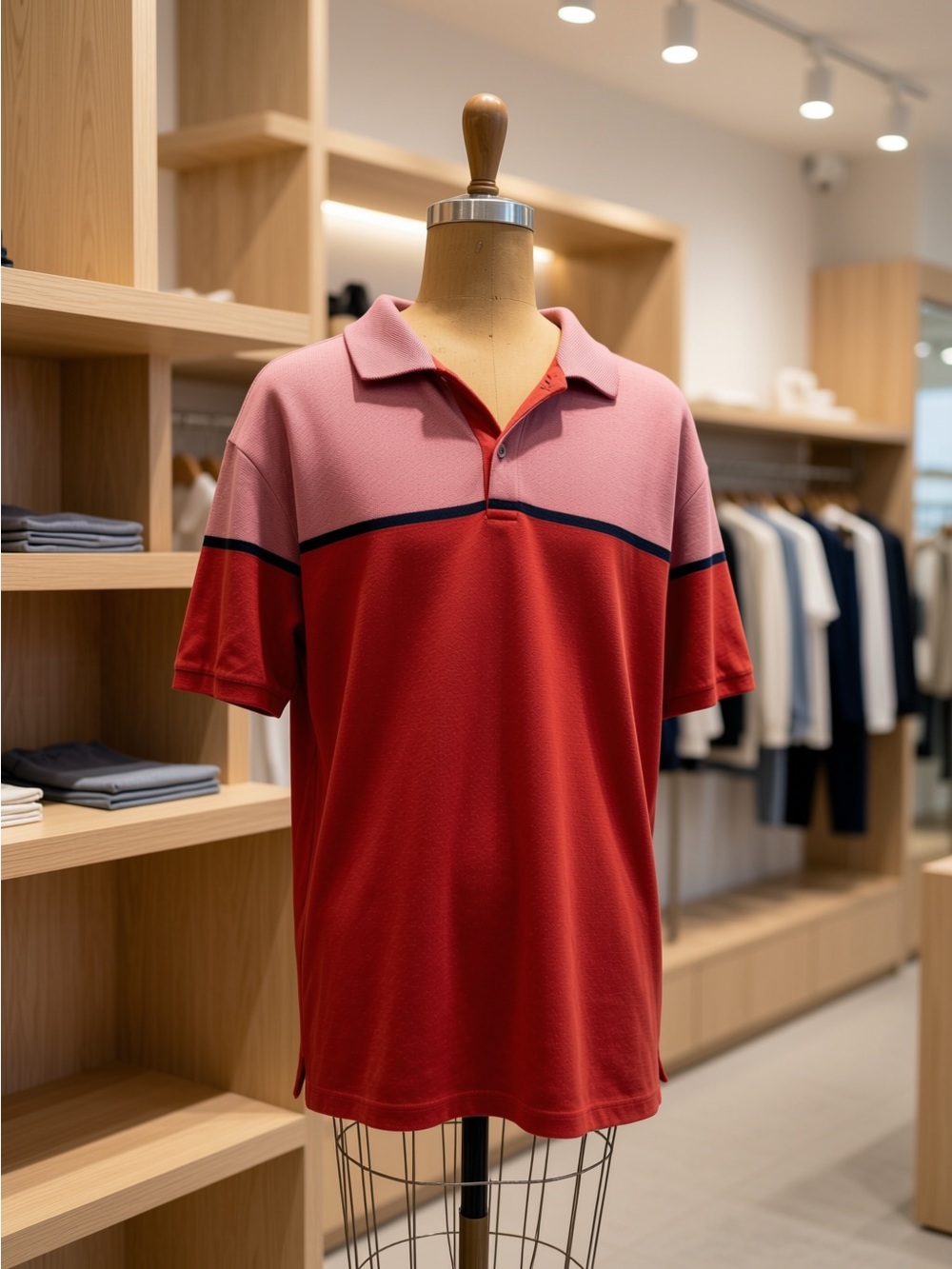 Men's size Large Red, Light Red & Navy Blue Polo Shirt No Tags see measurements